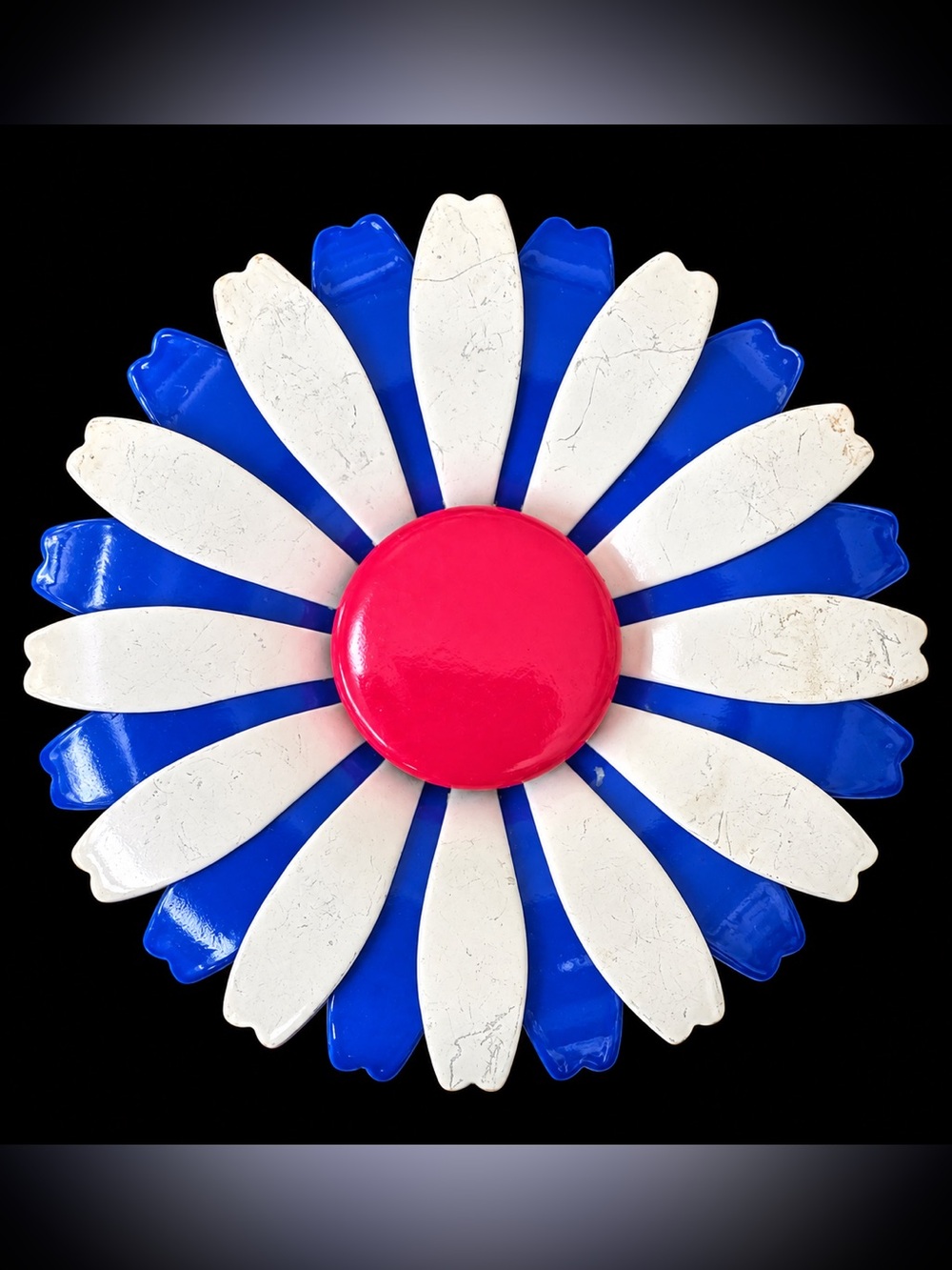 Vintage 1960s Flower Power Enamel Brooch Blue White Neon Pink Pin retro 60s